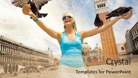  Presentation with beautiful young woman getting face - Cool new presentation design with building church people - beautiful young woman feeding pigeons backdrop and a coral colored foreground