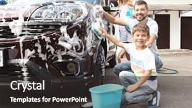  Presentation with outdoors - PPT layouts with happy family washing car outdoors background and a dark gray colored foreground