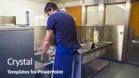  Presentation with kitchen - Presentation theme having building cleaning - kitchen porter washing up background and a ocean colored foreground