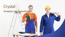  Presentation with apartment - PPT theme with building cleaning - two workers renewing apartment indoor background and a cream colored foreground