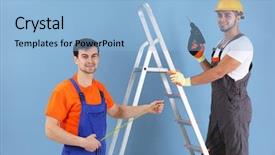  Presentation with apartment - PPT theme with building cleaning - two workers renewing apartment background and a light blue colored foreground