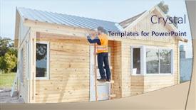  Presentation with house building - Theme consisting of building construction of new woodhouse as summer vacation house background and a sky blue colored foreground