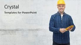  Presentation with building construction - Cool new PPT theme with building construction people and maintenance backdrop and a light gray colored foreground