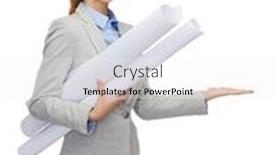  Presentation with hand palm - PPT theme having building developing consrtuction and architecture concept - smiling architect in helmet with blueprints showing something on palm of hand background and a sky blue colored foreground