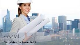  Presentation with hand palm - Amazing presentation theme having building developing consrtuction and architecture concept - smiling architect in helmet with blueprints showing something on palm of hand backdrop and a light blue colored foreground