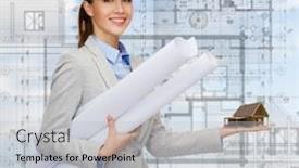  Presentation with house building - Cool new theme with building developing consrtuction and architecture concept - smiling architect in helmet with blueprints showing house on palm of hand backdrop and a light gray colored foreground