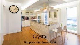  Presentation with kitchen design - PPT theme featuring building electric appliance - modern beautiful kitchen and parquet background and a coral colored foreground