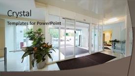  Presentation with building security - Cool new PPT layouts with building equipped with automatic door backdrop and a light gray colored foreground