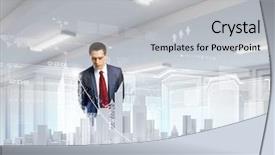  Presentation with building construction - PPT theme featuring building futures - young businessman examining model background and a light gray colored foreground
