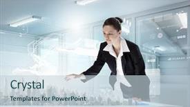  Presentation with sugar in construction - Audience pleasing slides consisting of building futures - young businesswoman examining model backdrop and a lemonade colored foreground