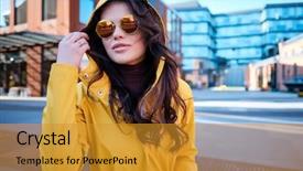  Presentation with stylish peacock feather - PPT theme having building handbag - attractive hipster young woman background and a  colored foreground