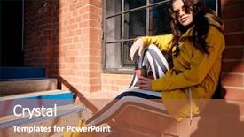  Presentation with yellow - Presentation design featuring building handbag - attractive hipster young woman background and a  colored foreground