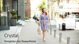  Presentation with city street - PPT theme having building handbag - beautiful overweight woman in bright background and a  colored foreground