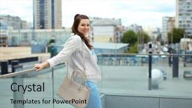  Presentation with city rooftop party - Slides with building handbag - beautiful overweight woman standing background and a light gray colored foreground