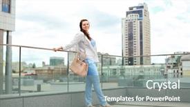  Presentation with city rooftop party - PPT theme having building handbag - beautiful overweight woman standing background and a gray colored foreground
