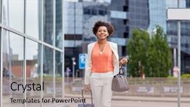  Presentation with travel - Amazing PPT theme having building handbag - happy young african woman backdrop and a coral colored foreground