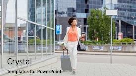  Presentation with tourism business - PPT theme having building handbag - travel business trip people background and a light gray colored foreground