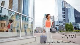  Presentation with tourism business - PPT theme enhanced with building handbag - travel business trip people background and a light gray colored foreground