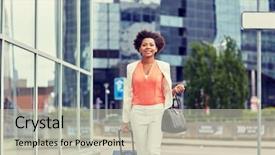  Presentation with tourism business - Beautiful PPT theme featuring building handbag - travel business trip people backdrop and a soft green colored foreground