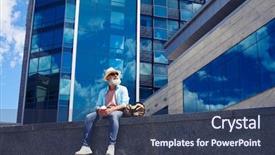  Presentation with old man - Slides with building handbag - wide shot of stylish old background and a ocean colored foreground