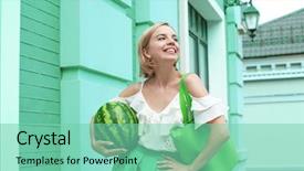  Presentation with young grey maine coon cat - PPT layouts having building handbag - young happy hipster woman background and a seafoam green colored foreground