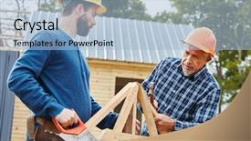  Presentation with team building - Theme enhanced with building house - two craftsmen working in team background and a light blue colored foreground