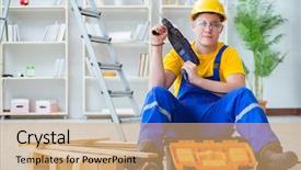  Presentation with pallet - PPT theme having building house - young man assembling wood pallet background and a coral colored foreground