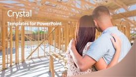  Presentation with military 3d drone hologram wireframe - PPT theme featuring building house - young military couple on site background and a coral colored foreground