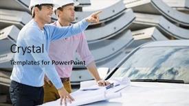  Presentation with architects - Amazing PPT theme having building inspections - architects with blueprints on car backdrop and a light blue colored foreground