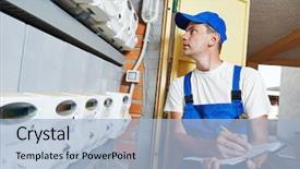  Presentation with electrician - Presentation design having building inspections - electrician engineer worker in front background and a  colored foreground