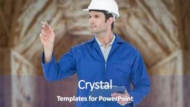  Presentation with house building - Slide set having building inspections - supervisor inspecting while holding clip background and a ocean colored foreground