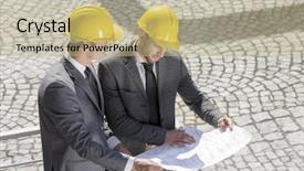  Presentation with analyzing behavior - Slide deck featuring building inspections - young male architects analyzing blueprint background and a  colored foreground