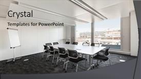  Presentation with board meeting room chairs - Slides consisting of building interior empty meeting room background and a light gray colored foreground
