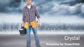  Presentation with shepherd carrying sheep on shoulder - Presentation having building maintenance - happy male hanyman carrying toolbox background and a gray colored foreground