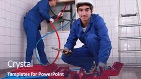  Presentation with plumbing - Beautiful slides featuring building maintenance - plumbing team with a toolbox backdrop and a navy blue colored foreground