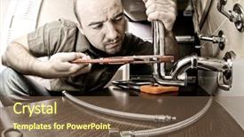  Presentation with maintenance - Colorful PPT theme enhanced with building maintenance - portrait of caucasian plumber backdrop and a  colored foreground