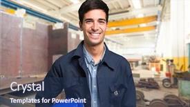  Presentation with mechanical gear mechanism team work - Slides consisting of building maintenance - smiling mechanical worker portrait background and a ocean colored foreground