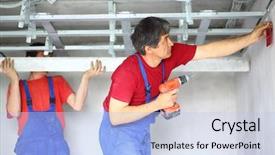  Presentation with utility workers - Colorful PPT theme enhanced with building maintenance - two workers set the ceiling backdrop and a light blue colored foreground