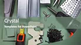  Presentation with set of construction tools tool - Colorful PPT theme enhanced with yarn - shelf decorated with handmade knit backdrop and a sky blue colored foreground