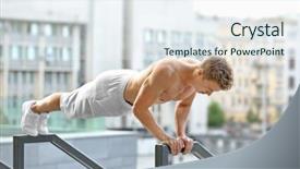  Presentation with exercises - Presentation theme with building men - young man doing exercises background and a  colored foreground