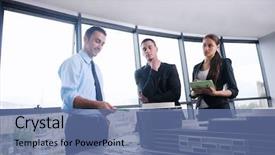  Presentation with business group meeting - PPT layouts with building model and blueprint plan background and a ocean colored foreground