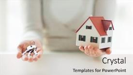  Presentation with mortgage - Audience pleasing slides consisting of building mortgage real estate and property concept - close up of hands holding house model and home keys backdrop and a coral colored foreground