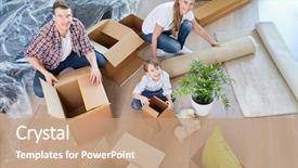  Presentation with house building - Amazing slide deck having building move - parents and child moving backdrop and a coral colored foreground