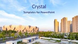  Presentation with city buildings - Cool new presentation theme with building named hangzhou olympic stadium backdrop and a  colored foreground