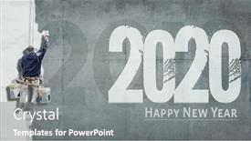  Presentation with new year 2020 - PPT theme with building-painter-hanging-from-harness background and a gray colored foreground