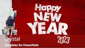  Presentation with happy new year - Presentation theme featuring building-painter-hanging-from-harness background and a crimson colored foreground