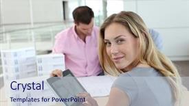  Presentation with electronic - Cool new PPT layouts with building plan - beautiful woman in office using backdrop and a lemonade colored foreground
