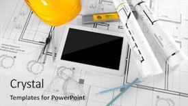  Presentation with construction tools - PPT layouts enhanced with building plan - construction blueprints with tools background and a light gray colored foreground