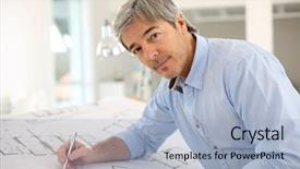  Presentation with portrait happy family smiling - PPT theme enhanced with building plan - portrait of smiling architect working background and a light blue colored foreground