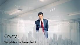  Presentation with construction - PPT layouts with building plan - young businessman examining model background and a light gray colored foreground